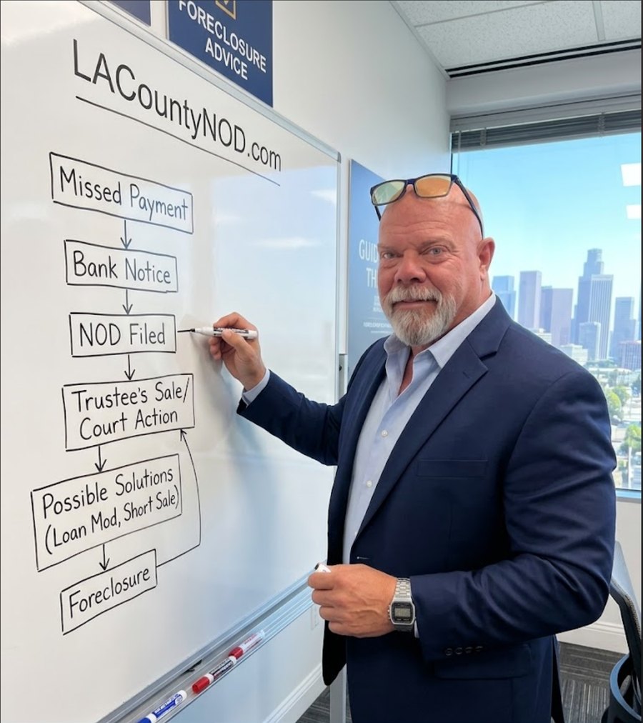 Connor MacIvor, California real estate agent and former LAPD officer, walking through the Notice of Default process at a whiteboard